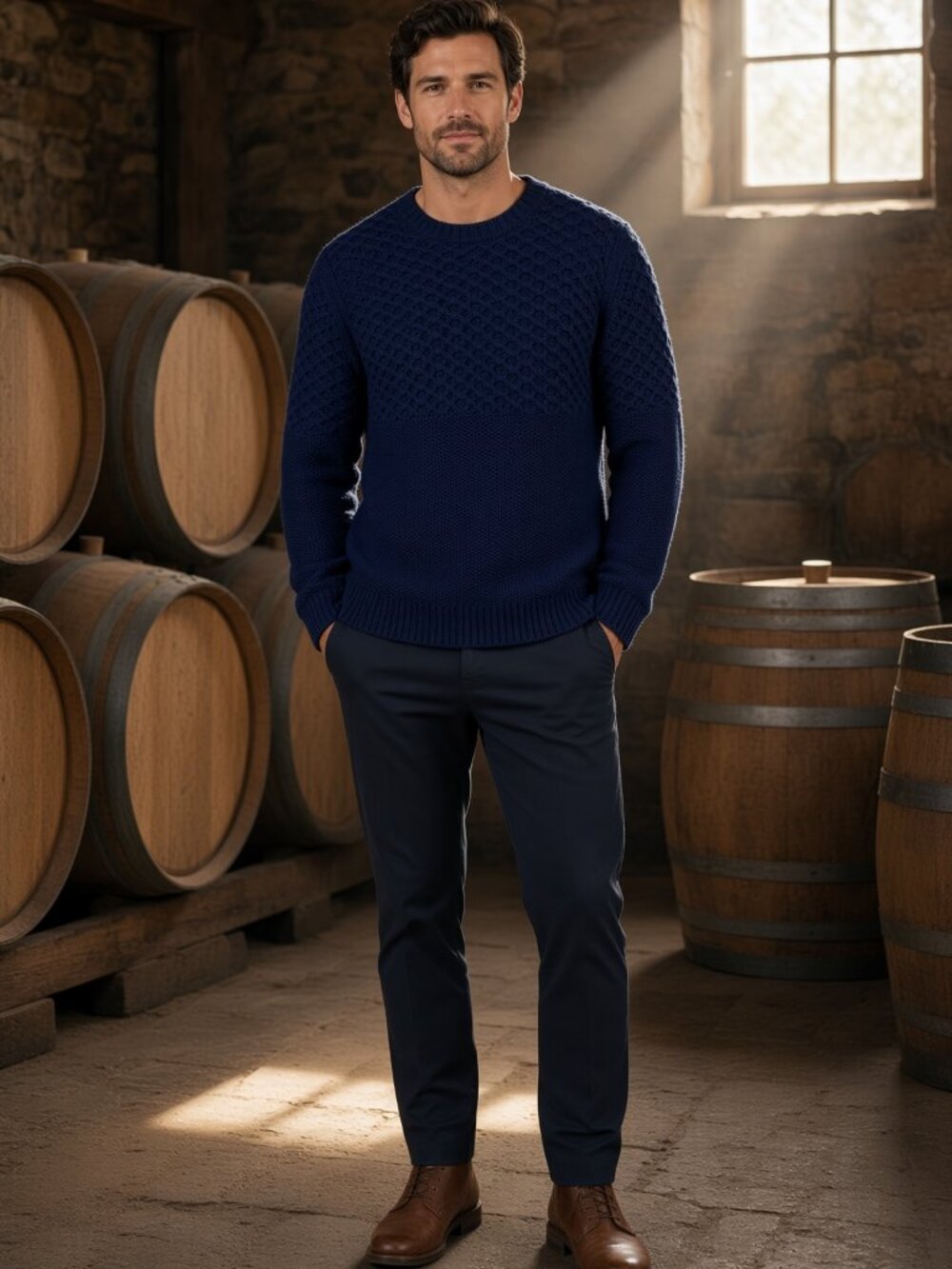 Dylan Gray Men Navy 100% Merino Wool Cabled Yoke Pullover Sweater Classic U.S. L